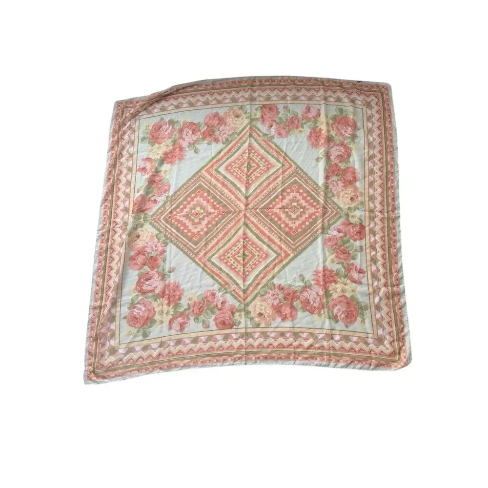 Vintage 70s Pure Silk Chiffon Scarf 35” Pink Rose Floral Cottagecore Fairy